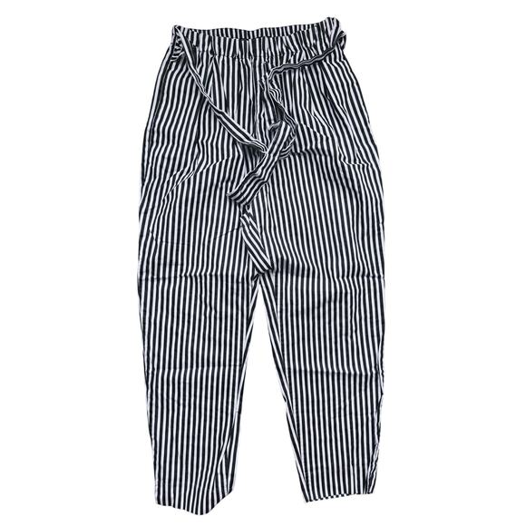 Zara Striped Paperbag Pants XS Black Belted Preppy Career Minimal Coastal Fall - Picture 3 of 6